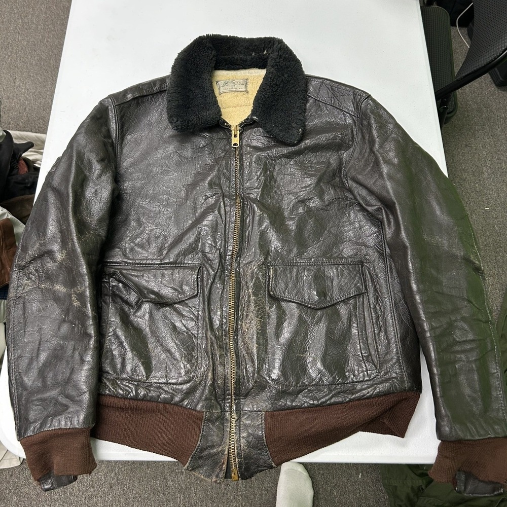 70s/80s L.L. Bean Flight Jacket Mens Leather Sherpa Lined Vintage G-1 Talon Zip